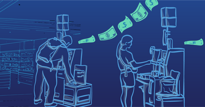 Doodle art of people at a self-checkout in the foreground with line art of a grocery store in the background