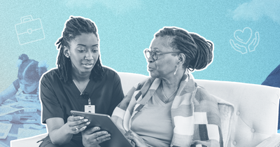 A Black care worker in scrubs reviews a clipboard with an older Black woman seated on a couch. In the background, composite images show caregivers working with children and supporting elderly adults, overlaid with illustrated icons representing justice, economic opportunity, and care.