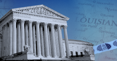 The U.S. Supreme Court building against a blue sky, overlaid with a map of Louisiana and a chain of "I Voted" sticker footprints being cut by scissors on either side