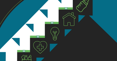 Cover of 'Solving the Affordability Crisis' by People's Action and Dēmos: a rising staircase of icons representing groceries, health care, energy, housing, and child care, each topped with dollar bills."