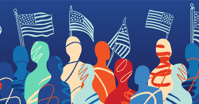 Abstract illustration of diverse individuals with stylized, multicolored designs, set against a blue background. American flags are waving in the background.