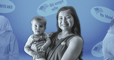 Blue-toned collage of diverse voters at polling booths, with "I Voted" stickers shown in several languages including Tagalog, Spanish, Hindi, and Chinese.