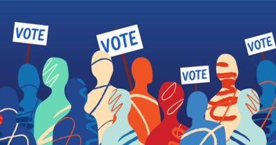 Illustration of a crowd holding "Vote" signs against a solid blue background.