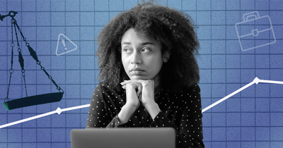 A woman with curly hair is sitting in front of a laptop, looking worried. The background features a line graph, a scale, a briefcase, and gears, suggesting themes of balance, labor, and industry.
