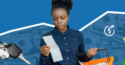 A person examines a receipt while holding a shopping bag filled with groceries. The background features an upward-trending line graph, dollar symbols, and images of U.S. currency. Car keys are placed on the left side.