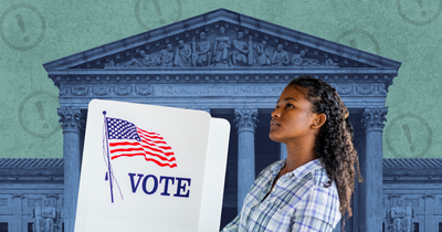 A person stands in front of a voting booth with a U.S. flag and the word "VOTE" on it. In the background, there is an image of the U.S. Supreme Court building.