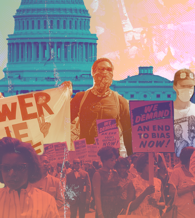 People marching on Washington with protest signs [Main IDA image] 