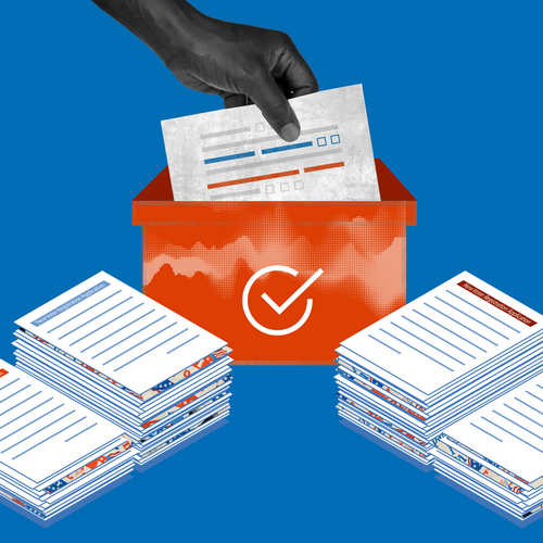 Image of a hand lowering a voter registration sheet into an orange box with stacks of voter registration papers on both sides