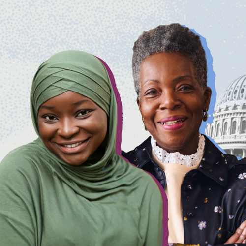 Two women standing in front of the Capitol building, symbolizing democracy and political power.