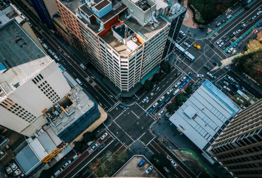 City intersection from above, tall buildings