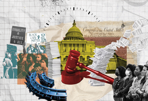 Collage on grid paper with the US Capitol, Constitution, gavel, and protestors to represent the filibuster