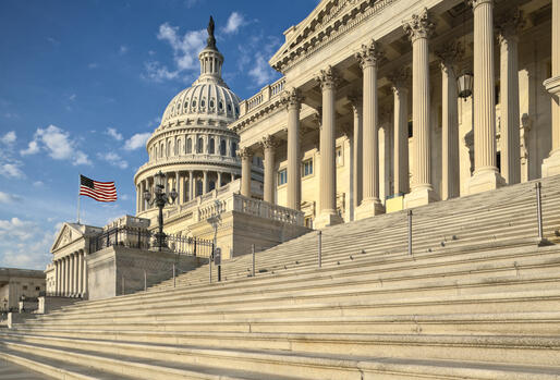 Detail view of the US Capitol east facade in the early morning sun.
