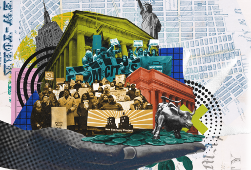 Collage of New York City Map, Protestors, Bank Building, Statue of Liberty