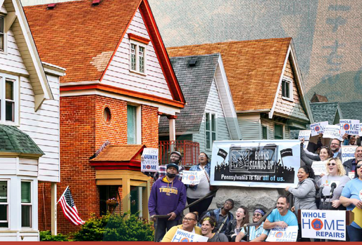 A Whole Home Repairs campaign in front of a row of houses