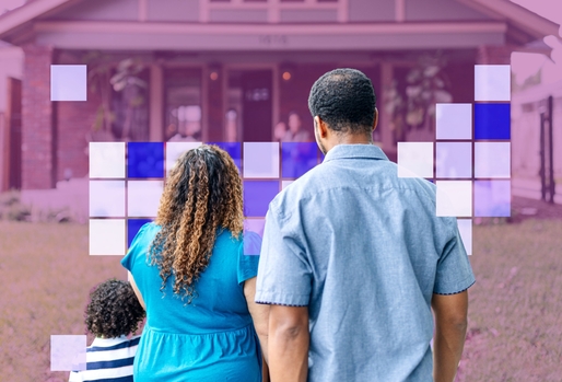 Black family facing a home surrounded by squares of different shades of purple in the shape of a US map.