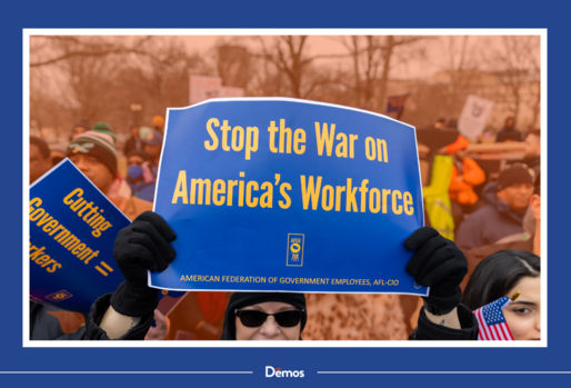 Two hands holding up a sign that says "Stop the war on America's workforce". In the background is a crowd at a rally