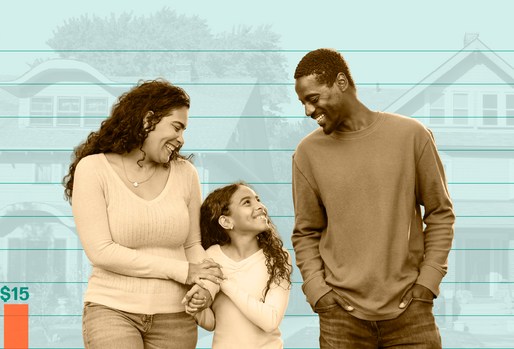 A family smiling at each other in the foreground with a row of houses in the background and a bar chart behind them showing the racial wealth gap with white households