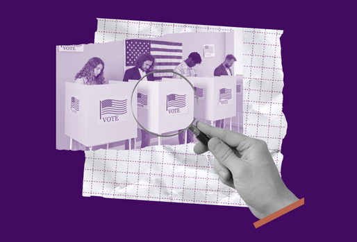 Image of hand holding magnifying glass over an image of people voting