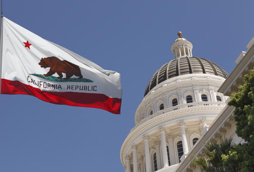 California state flag flying in front of the California State Capitol building dome, representing state-level democratic institutions and governance
