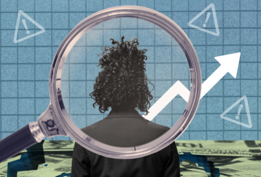 An illustration of a Black woman viewed from behind through a magnifying glass, with a background of financial graphs and currency notes.
