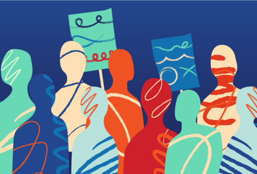 Doodle style graphic of outlines of a crowd holding signs 