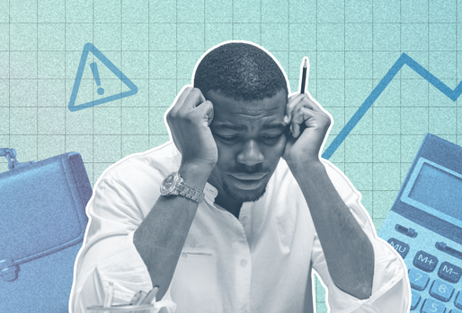 Black worker in the foreground looking frustrated, with economic indicators floating in the background