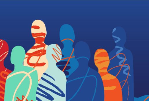 Abstract illustration featuring colorful, stylized silhouettes of the Capitol building and a group of people with flowing lines and shapes against a blue background.