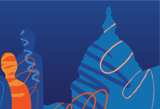 An illustration of multicolored people next to an image of the capitol building