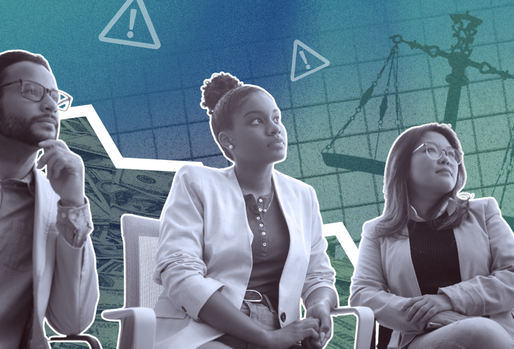 Three professionals engaged in a discussion with the scales of justice in the background