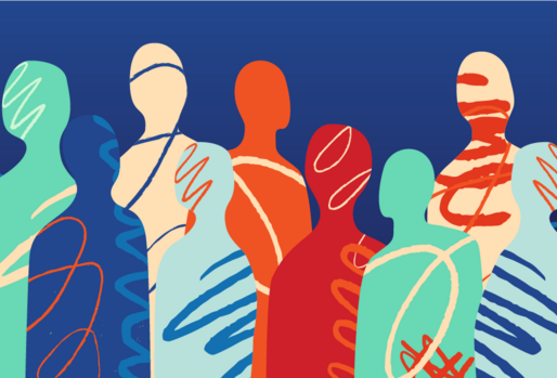 Colorful abstract illustration of a diverse group of people standing together.