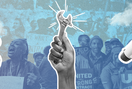 Symbols of organizing and activism in front of a group of people holding signs