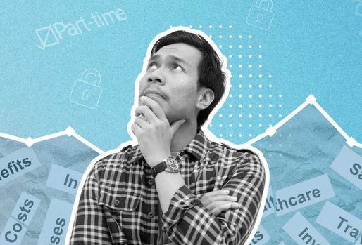 A person with a thoughtful expression stands against a blue background. The background features a line graph with economy-related words underneath like "Salary," "Benefits," "Costs," and "Healthcare" 