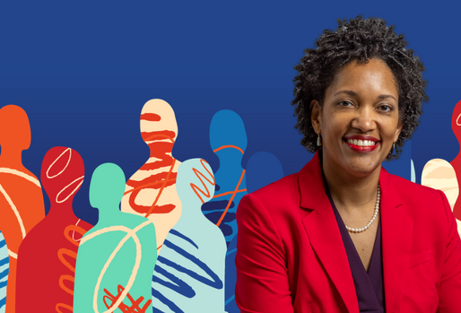 Taifa Smith Butler in front of a multicolored illustration of people