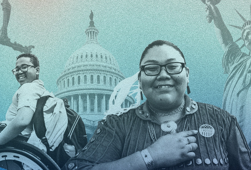A diverse group of people in front of government buildings and statues, including the U.S. Capitol and Liberty statues. The mood is empowering and inclusive.