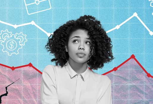 A Black woman looks upward pensively against a graphic background showing rising and falling economic indicator lines, briefcase icons, and cracked earth imagery.