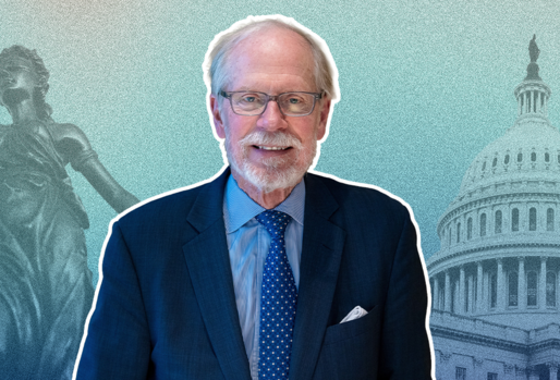 Stephen Heintz in a suit and tie stands in front of an illustrated background featuring the Statue of Justice and the U.S. Capitol building.