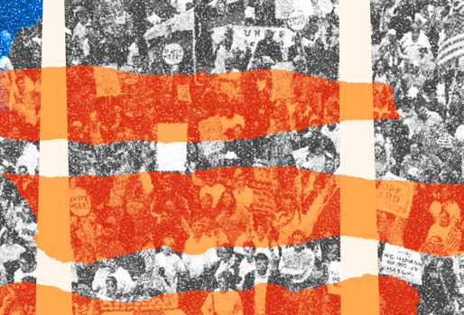 A stylized depiction of the American flag with a large crowd in the background. The flag's blue square and white star are prominent on the left, with the red and white stripes extending across a monochrome crowd holding various signs.