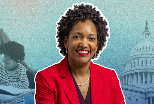 A smiling individual in a red jacket is in front of a backdrop featuring the U.S. Capitol, a person helping a child with a book, and a sign reading 'An injustice anywhere is a threat to justice everywhere.