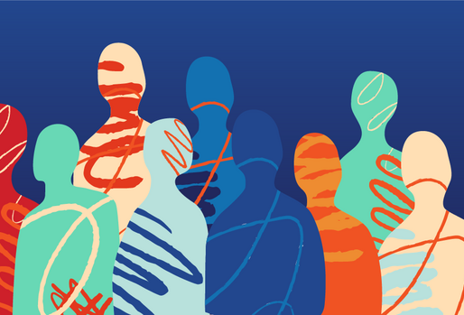 Abstract illustration of colorful, stylized human figures filled with swirling patterns against a solid blue background.