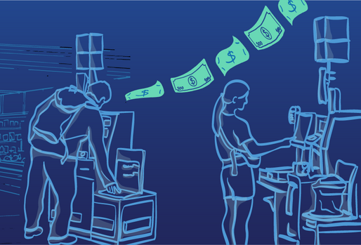 Doodle art of people at a self-checkout in the foreground with line art of a grocery store in the background