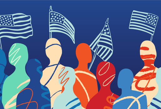Abstract illustration of diverse individuals with stylized, multicolored designs, set against a blue background. American flags are waving in the background.