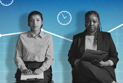 Two individuals seated and holding notepads, set against a blue background with white line graphs, clocks, and icons of a briefcase and gears.