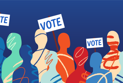 Illustration of a crowd holding "Vote" signs against a solid blue background.