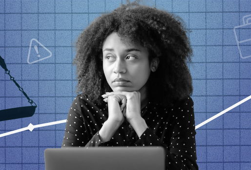 A woman with curly hair is sitting in front of a laptop, looking worried. The background features a line graph, a scale, a briefcase, and gears, suggesting themes of balance, labor, and industry.