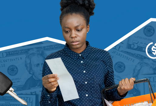 A person examines a receipt while holding a shopping bag filled with groceries. The background features an upward-trending line graph, dollar symbols, and images of U.S. currency. Car keys are placed on the left side.