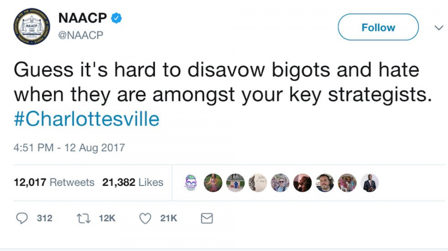 Guess it's hard to disavow bigots and hate when they are amongst your key strategists. #Charlottesville