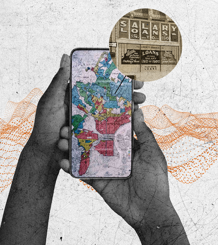 Hands holding a cell phone with an image of a world map