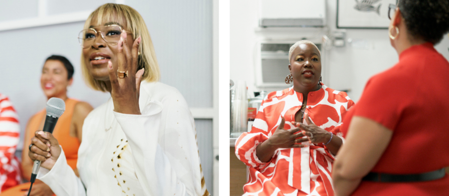 Left: Errin Haines moderates the Torchbearer's event panel; Right: Rep. Rayner-Goolsby talks with Michele Blackwell, Uber [Photo credit: Tauriac Photo LLC] 